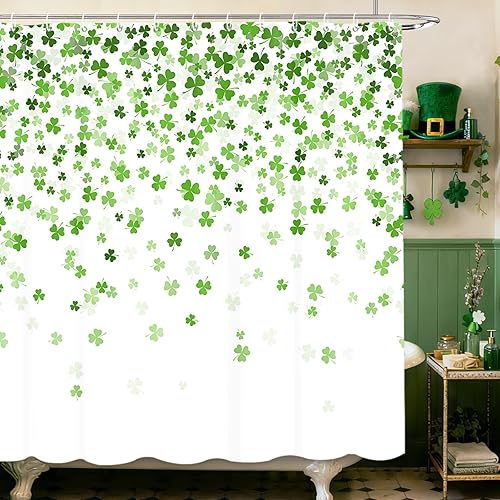 MEHOFOND Cortina de ducha de trébol del día de San Patricio, cortina de baño de trébol irlandés, juego de cortinas de tela para el día de San
