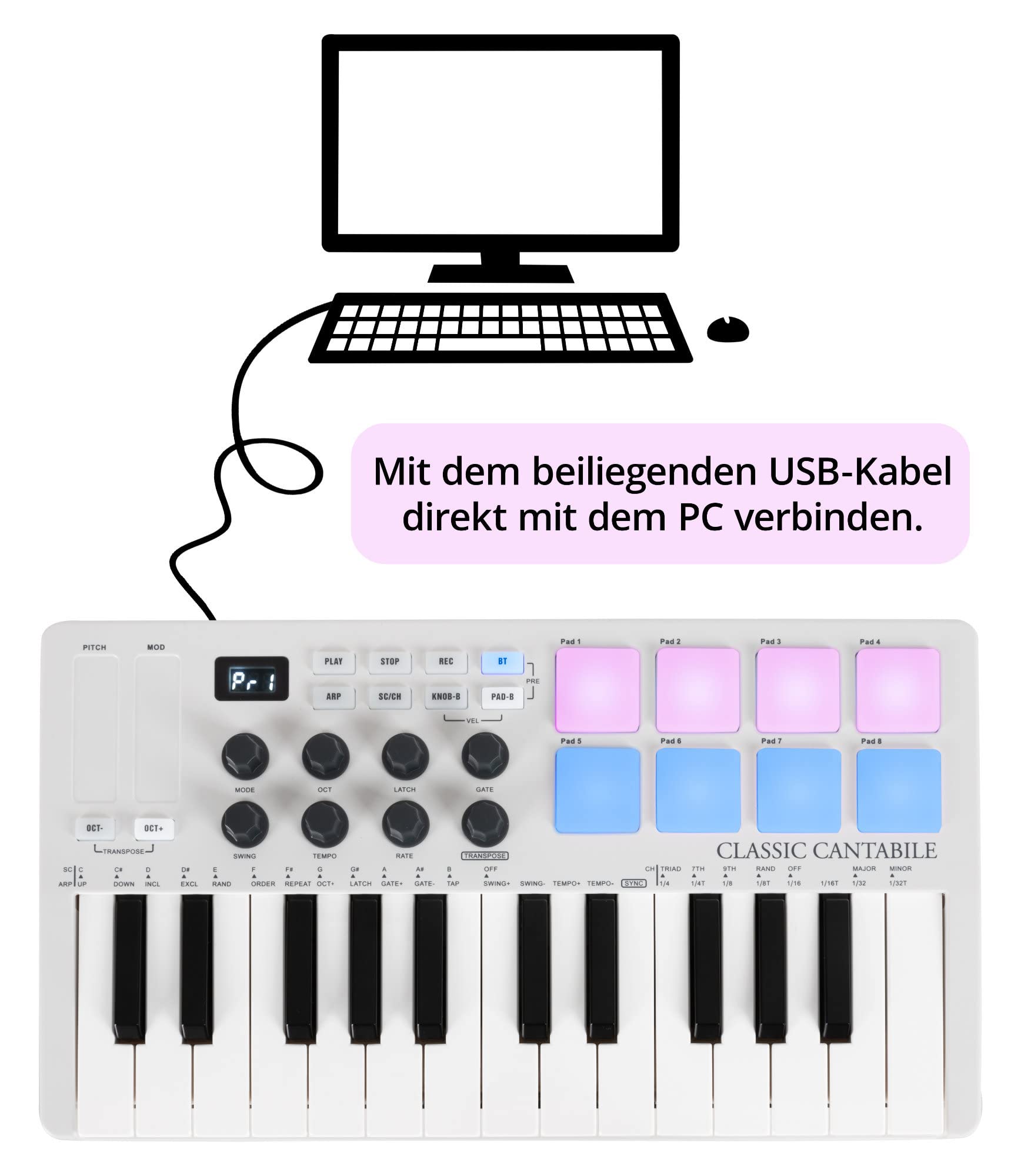 Classic Cantabile M25-AIR Wireless MIDI Controller, Tipo: M25-AIR | Controlador MIDI inalámbrico Classic Cantabile con batería y Bluetooth, Transmisión MIDI Bluetooth a Apple iPhone & iPad