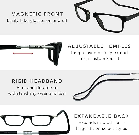 Clic Magnetic Reading Glasses - Adjustable Neck Hanging Readers - Secure Fit with Rigid Headband - Original Expandable (M-XL, Black, 1.75)