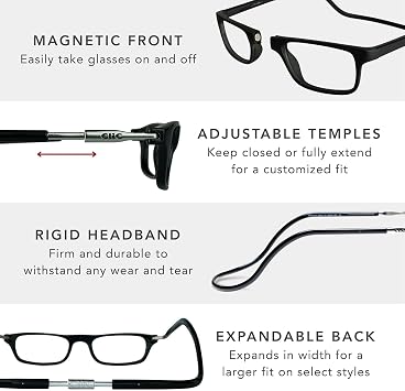 Clic Magnetic Reading Glasses - Adjustable Neck Hanging Readers - Secure Fit with Rigid Headband - Original Expandable (M-XL, Black, 1.75)
