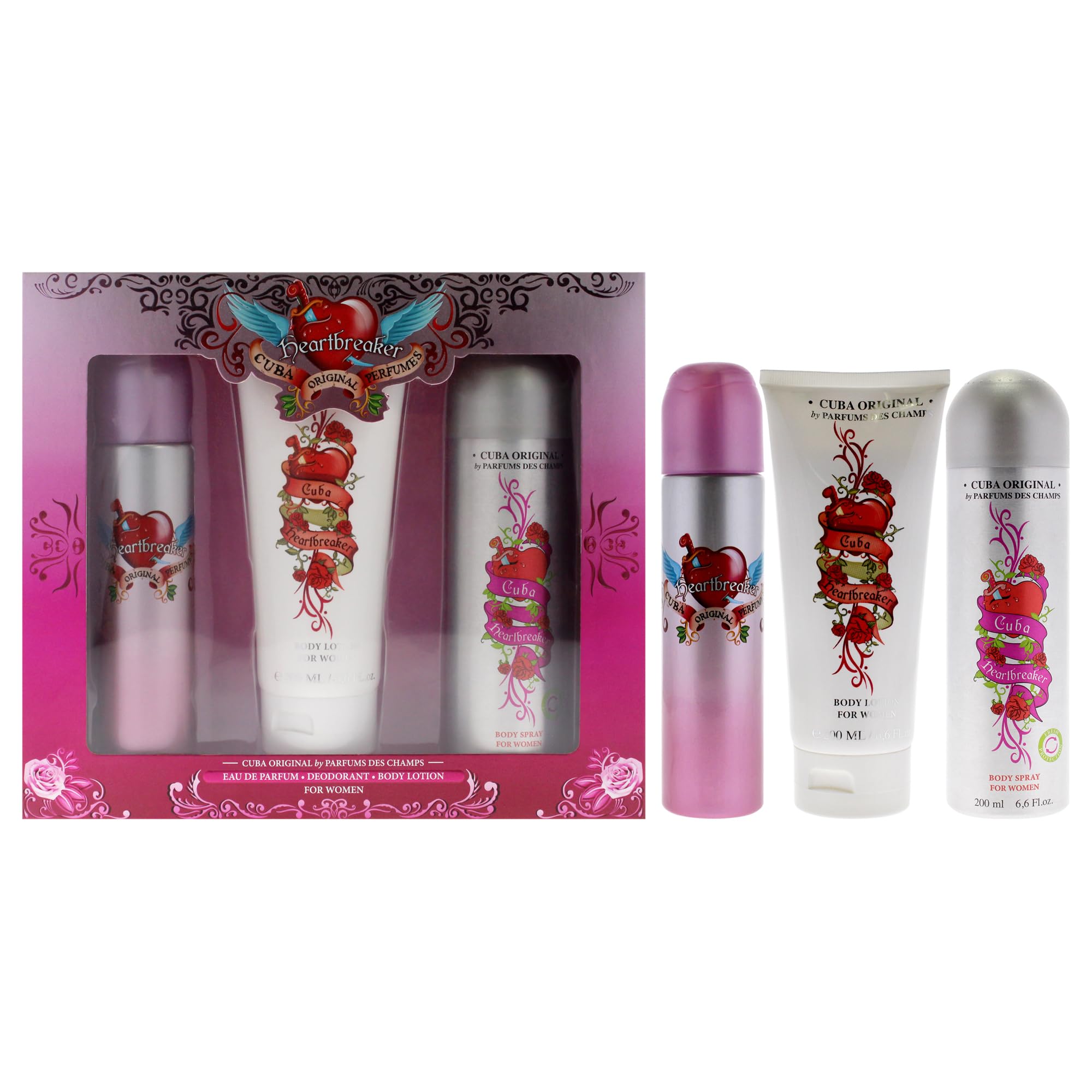 Cuba Cuba Heartbreaker Women 3.3oz EDP Spray, 6.7oz Body Spray, 4.3oz Body Lotion 3 Pc Gift Set