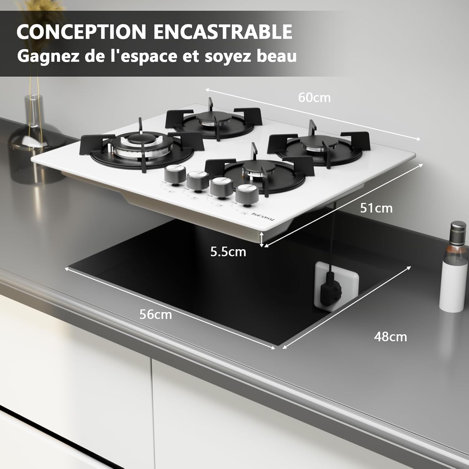 Diagramm zur Veranschaulichung der Abmessungen des IsEasy-Gaskochfelds und der erforderlichen Ausschnittmaße in der Arbeitsplatte