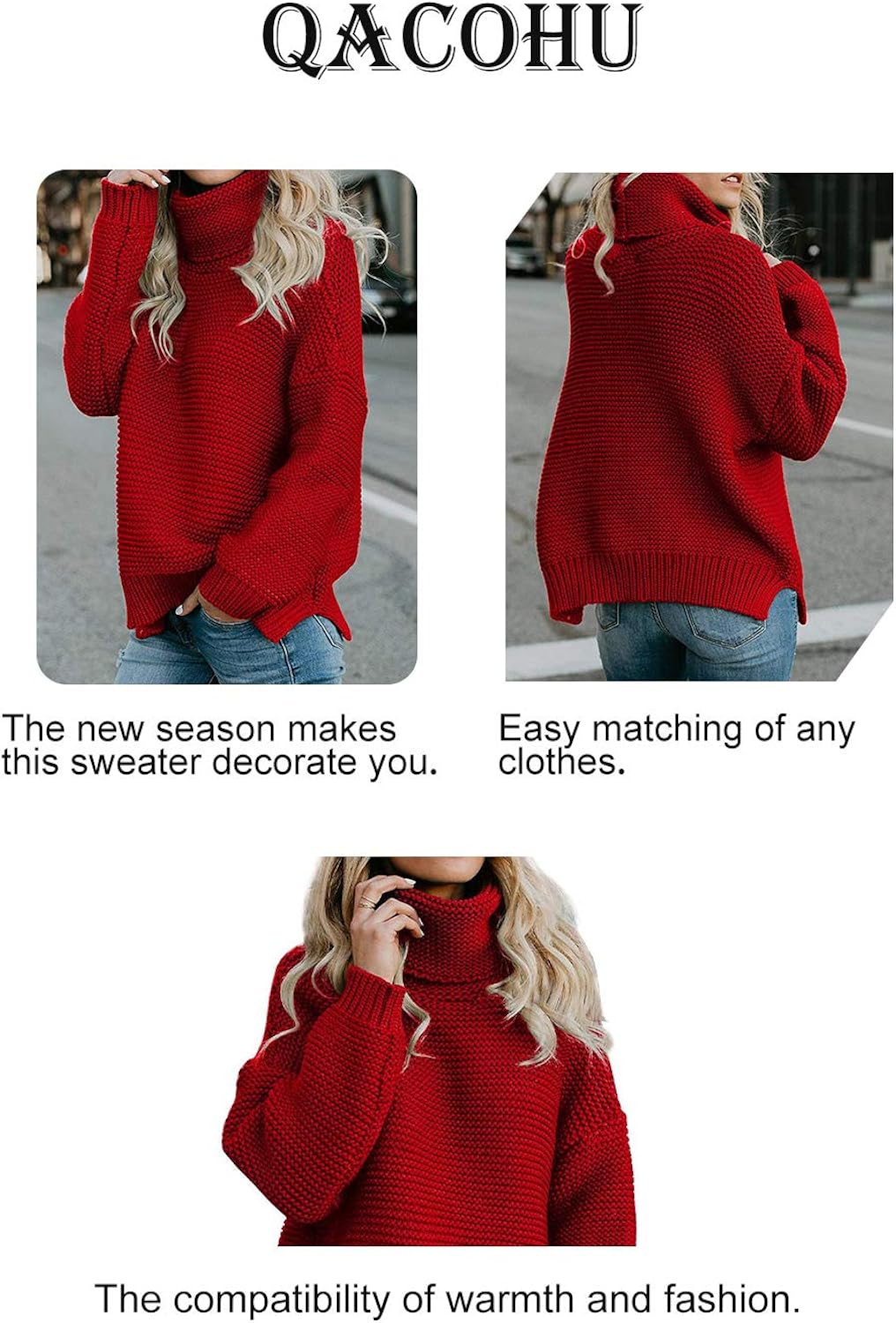 QACOHU Womens Chunky Turtleneck Sweater Long Sleeve Knit Pullover Sweaters Tops