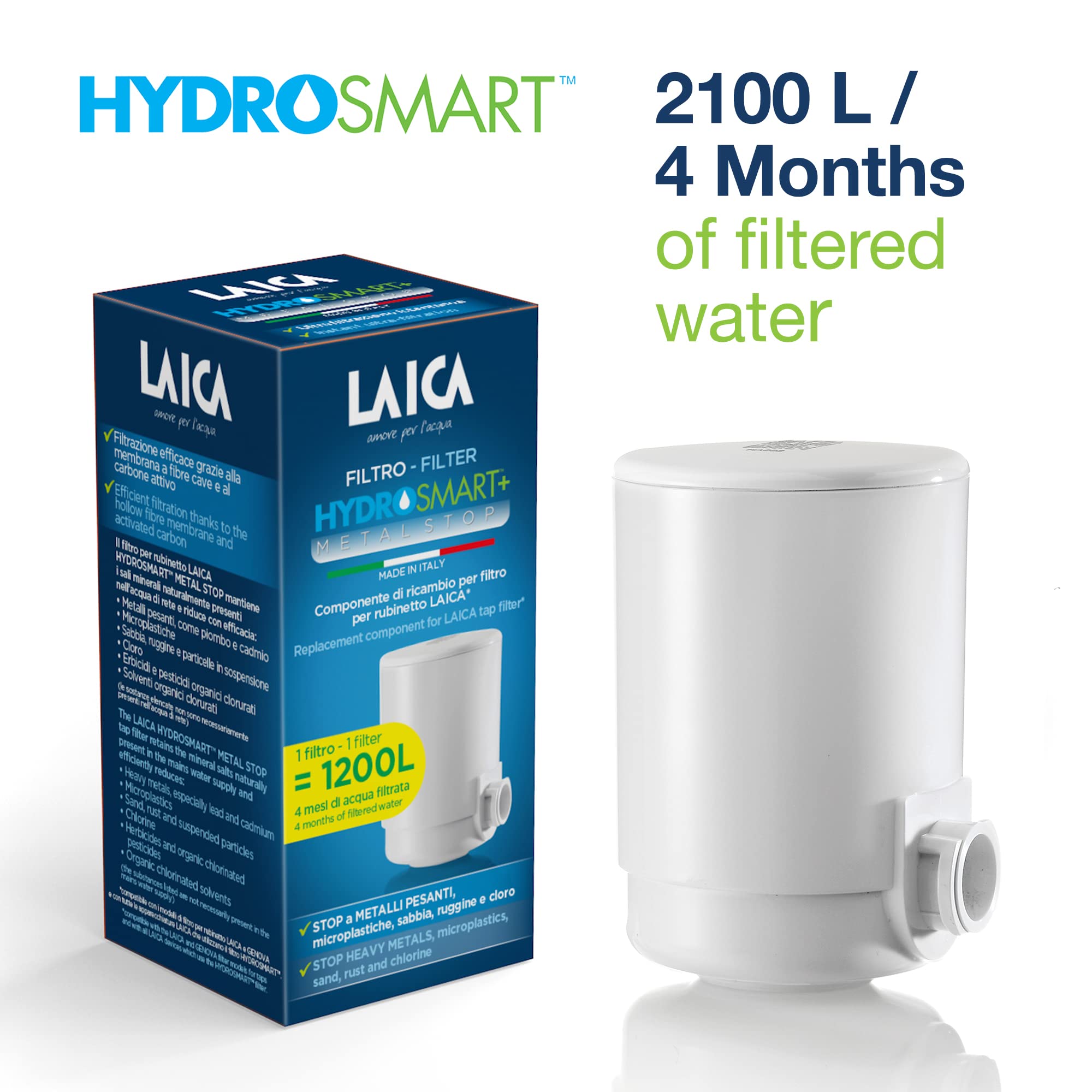 LAICA FR01M Filtre pour Robinet HYDROSMART+ METAL STOP - Composant de Rechange pour GENOVA, 1200 L d'Eau Filtrée, Réduit les Métaux Lourds, Fabriqué en Italie, Blanc