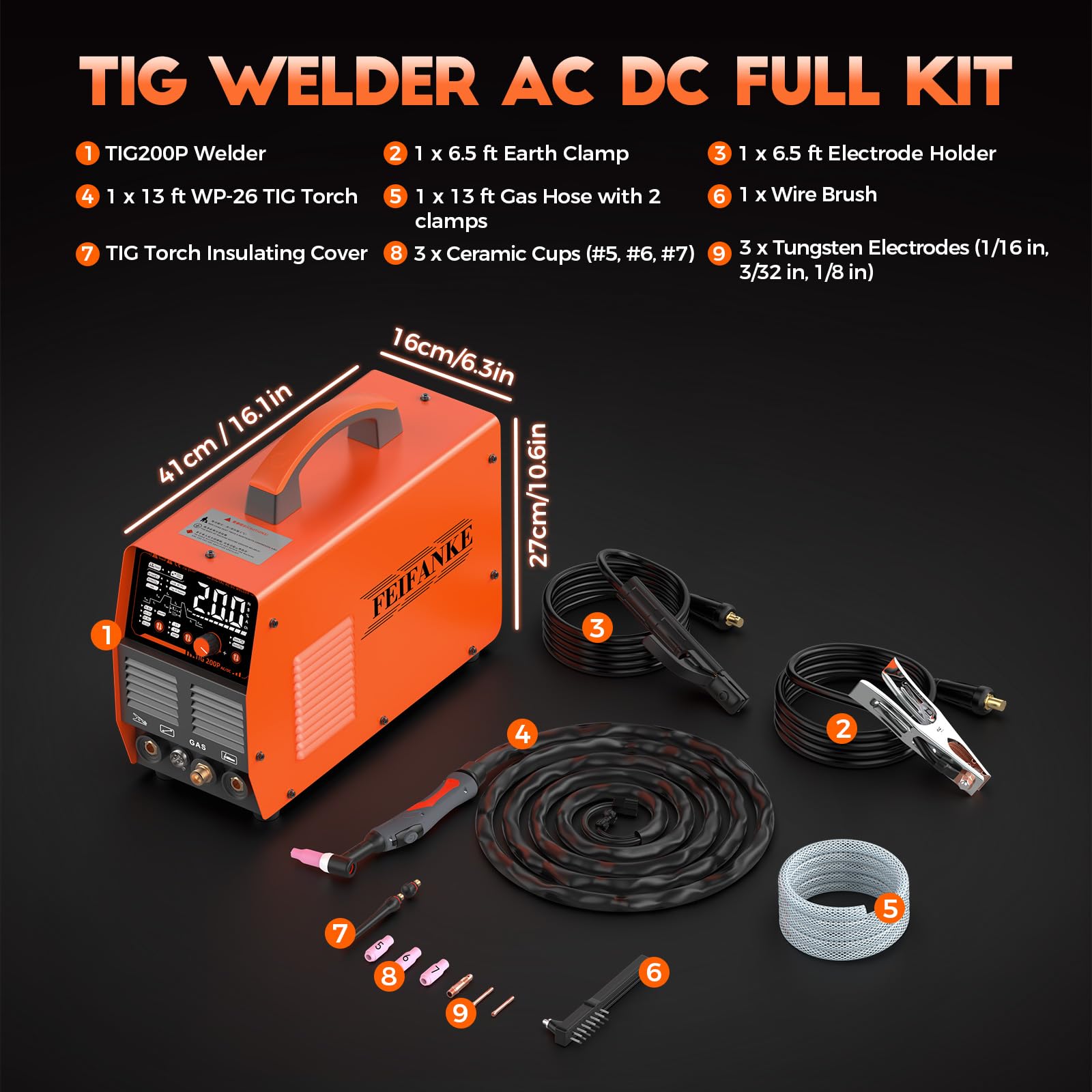 FEIFANKE Poste A Souder TIG AC DC 230V 200A IGBT Inverter Poste à Souder Pulsion Aluminium Poste à Souder 7 en 1 avec Affichage Digital LED et Torche WP26 TIG pour Inox Aluminium