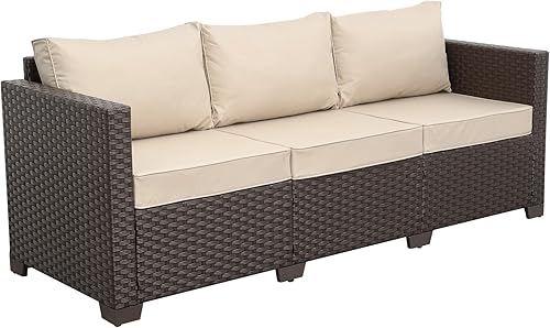 Miniatura 7 de Rattaner Muebles de patio, sofá de mimbre de 3 asientos, muebles de exterior, sofá de exterior, asiento profundo, respaldo alto, funda impermeable,
