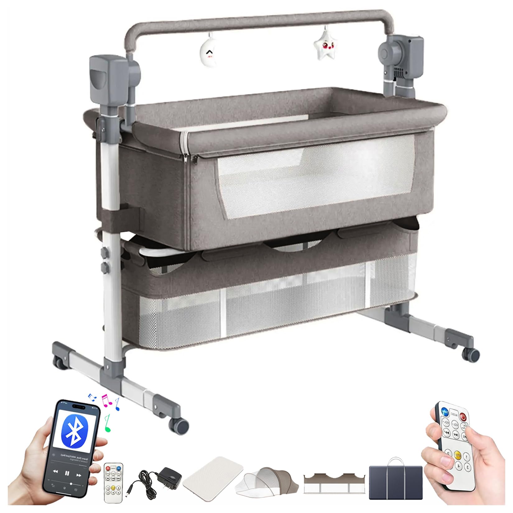Magic ZC Elettrico Bluetooth Intelligente Culla Neonato Next to me, Convertibile Culla Co-sleeping, Telecomando e 5 Ingranaggi Oscillanti, Pieghevole Neonato Fianco Letto con Musica (601 Light Grey)