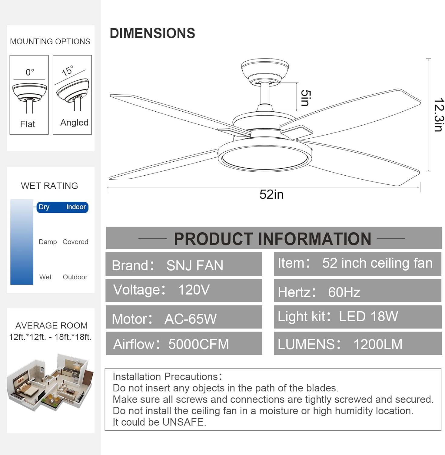 Diagram showing dimensions, product specifications, and installation precautions for the SNJ ceiling fan.