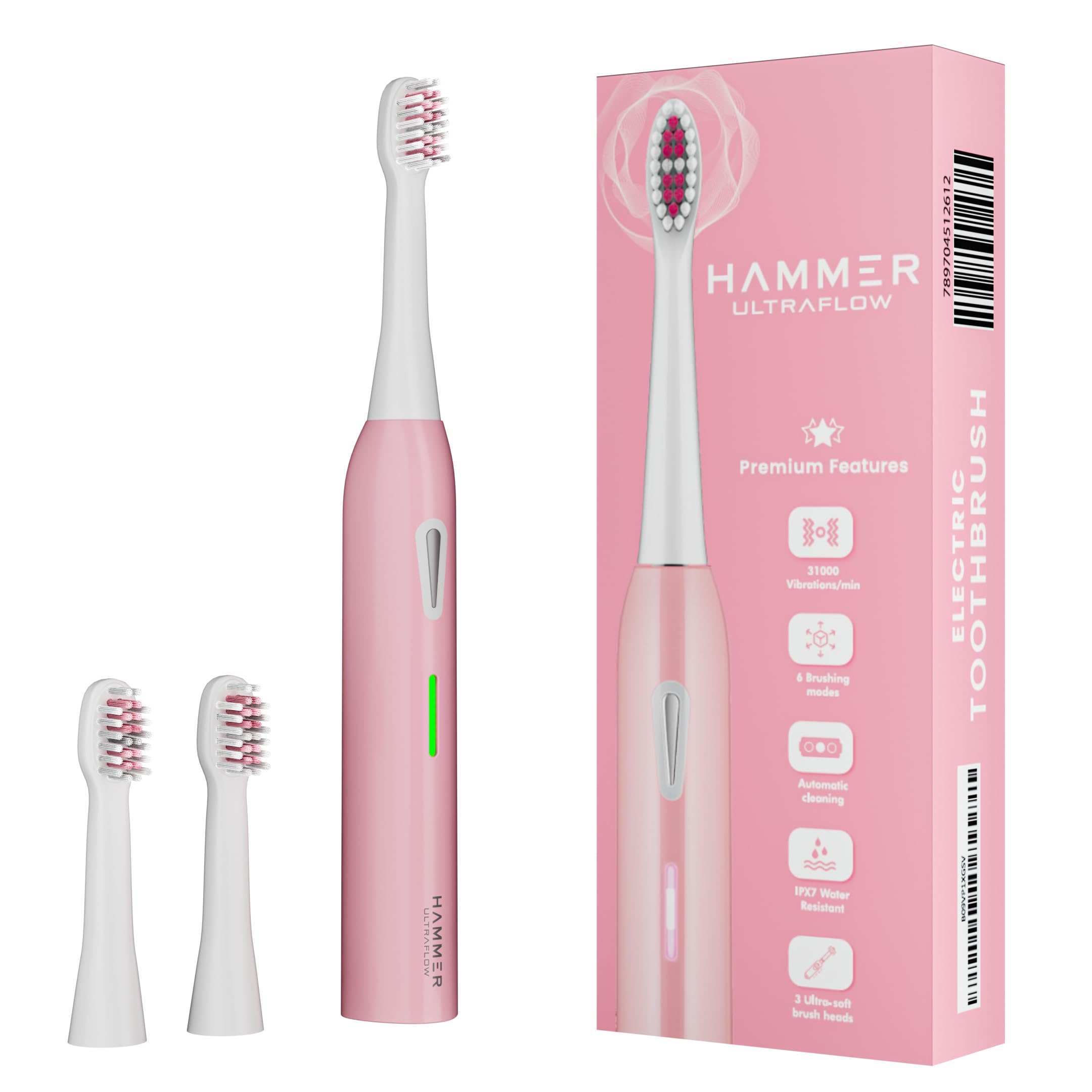 Hammer Ultra Flow Electric Toothbrush and 3 Replaceable Brush Heads for Men and Women, 6 Brushing Modes, Rechargeable Battery, Waterproof, 31000 Strokes per Minute, Super-Soft Bristles, Electric Toothbrush (Pink) (B09VP1XGSV) Amazon Price History, Amazon Price Tracker