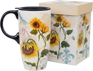 DUSVALLY Coffee Mugs, Coffee Cups, Porcelain Mug, Ceramic Coffee Mug with Comfort Handle, Large Mug for Coffee, Tea or Hot Beverages, Sunflower Design, 17 oz