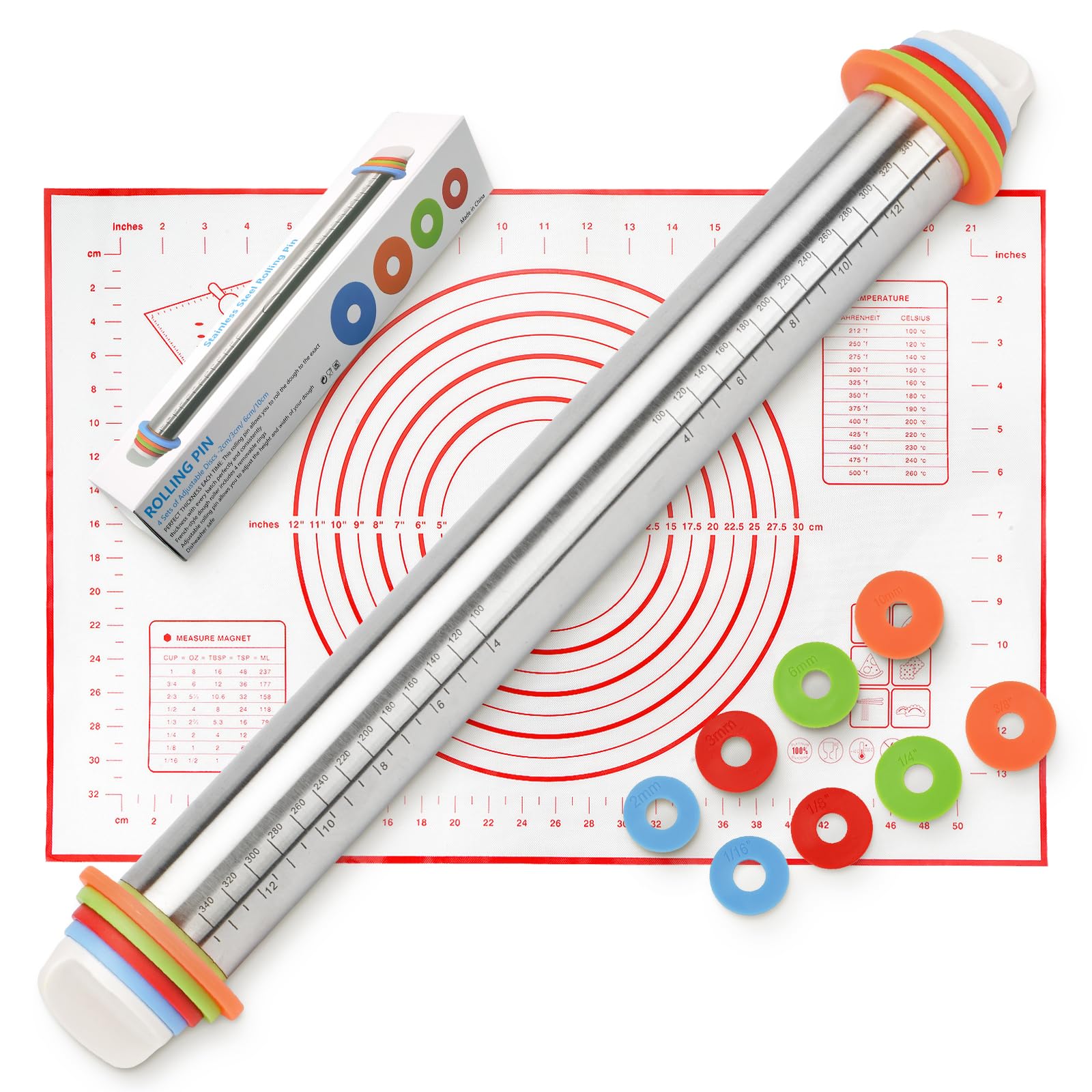 SHIKORI Rolling Pin and Silicone Baking Pastry Mat Set, Stainless Steel Dough Roller with Adjustable Thickness Rings, for Pizza, Pie, Pastries, Pasta, Cookies,etc.(Red Mat)