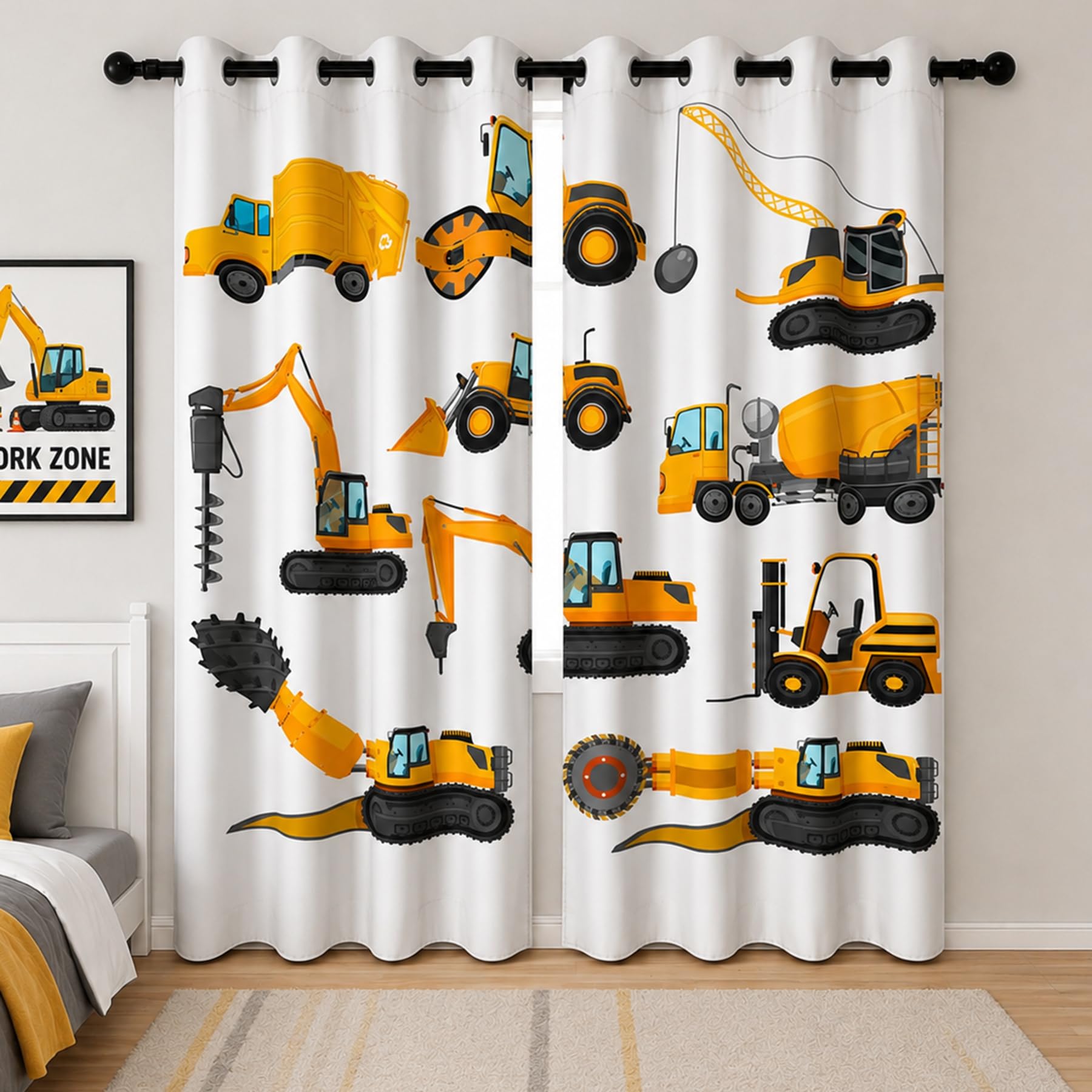 YONGFOTO Bagger Vorhang Kinderzimmer Baustelle Traktor Autos Lastwagen Bulldozer Verdunklungsvorhänge Jugendzimmer Junge mit Ösen 2 Stück 117 x 138 cm