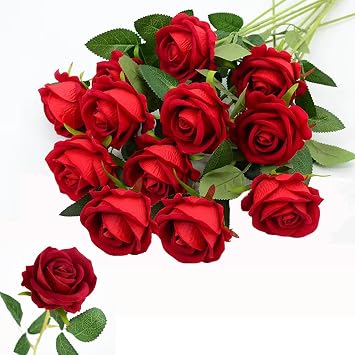 12 Pcs Red Rose Artificial Flowers - 20in Single Long StemFake Silk Flowers