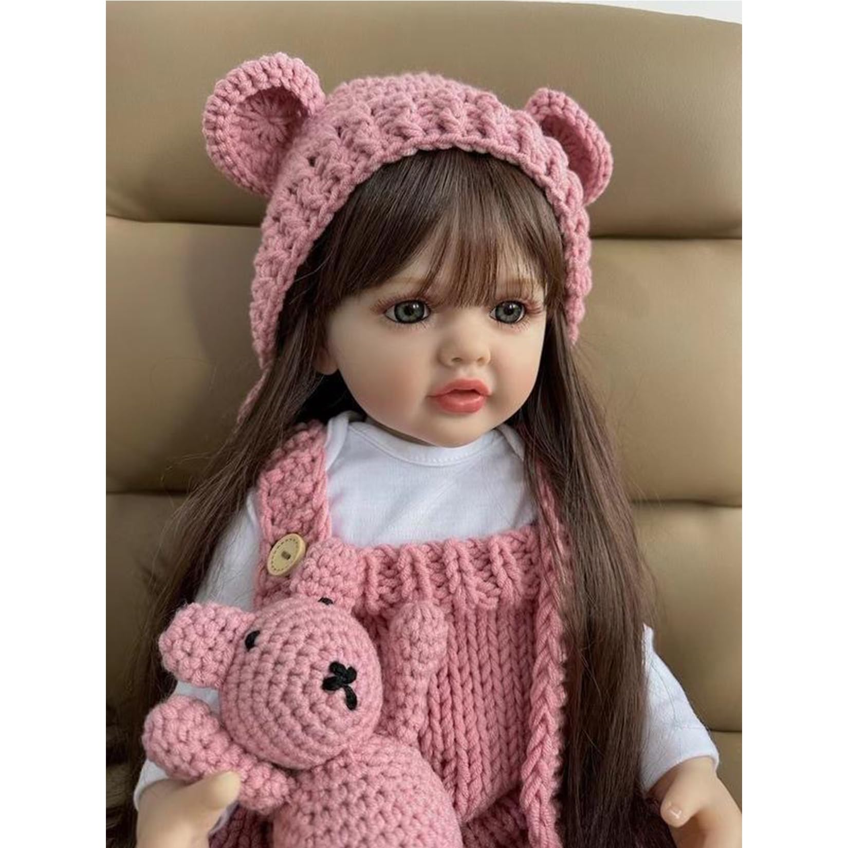Bambole Reborn 55 cm Corpo Intero in Silicone Vestito Rosa Lavorato a Maglia Capelli Lunghi Castani, Regalo di Natale Bambola Originali Reborn