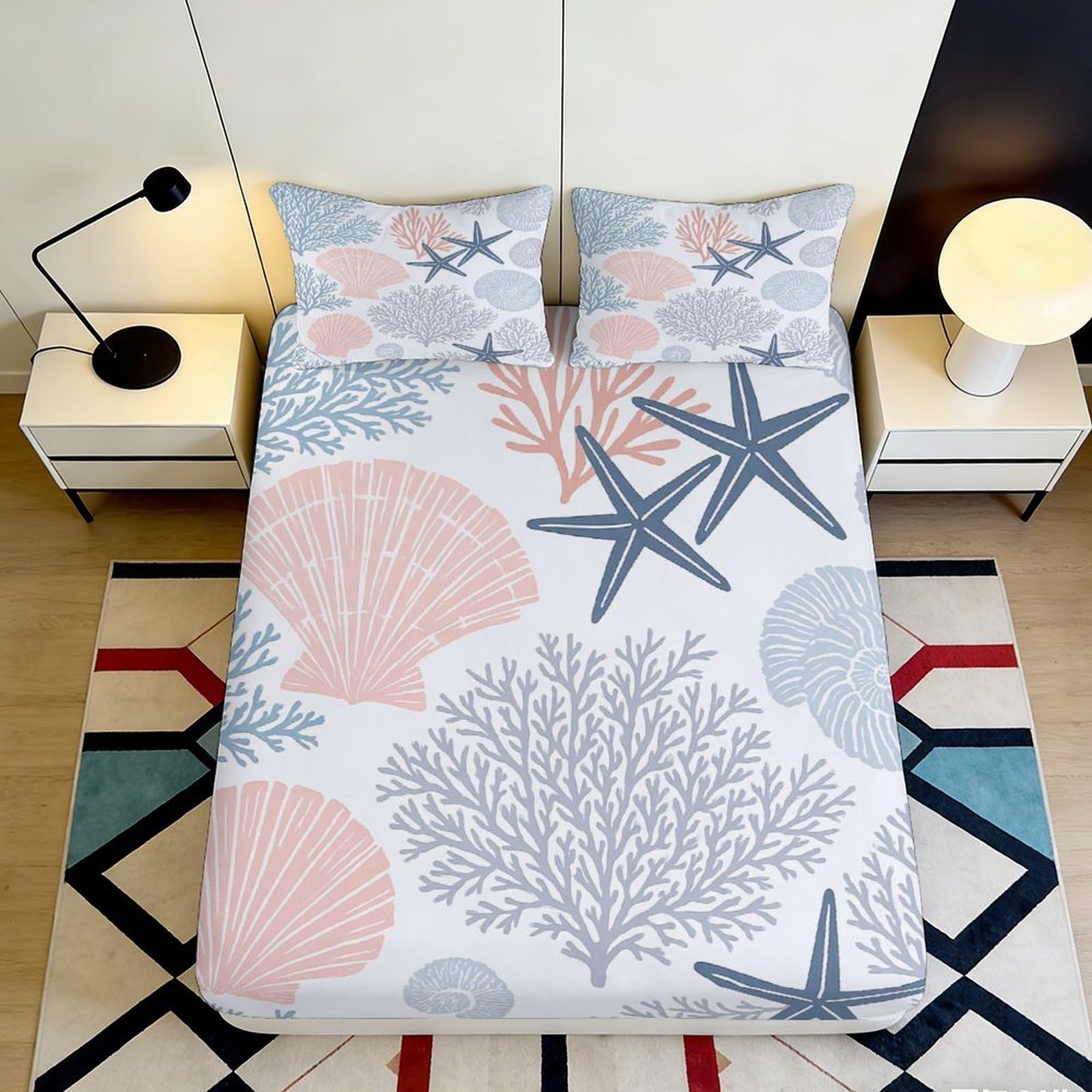 3D Printed Coral Reef Fitted Sheet Microfiber Soft Starfish Mattress Cover for Bedroom Guest Room Protection Decor 90x200x25cm