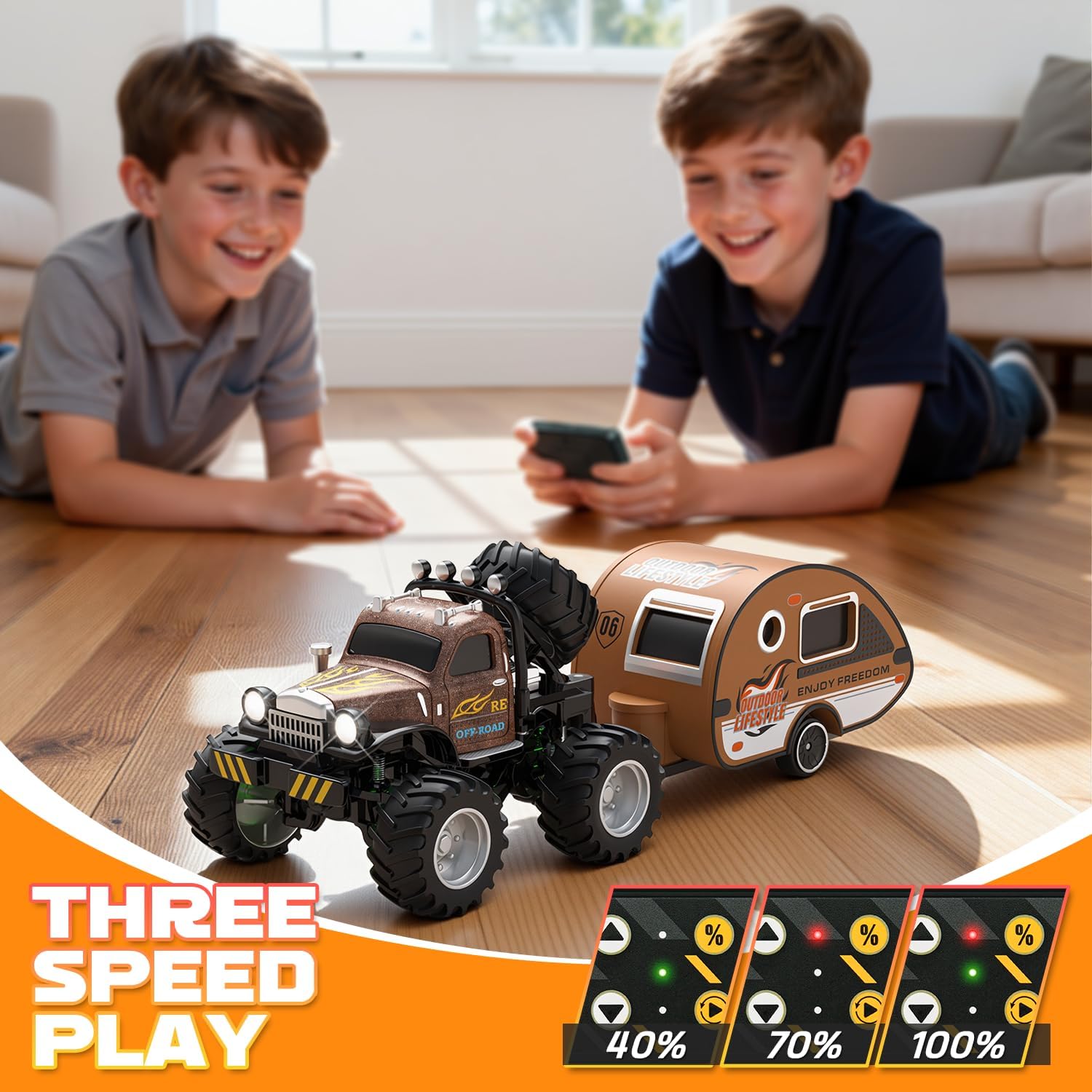 Snugzy Mini RC Car 1:64 Scale RC Truck for Kids with Trailer 2.4Ghz Remote Control Rechargeable RC Cars Toy Gifts for Boys Girls Adult (Brown)