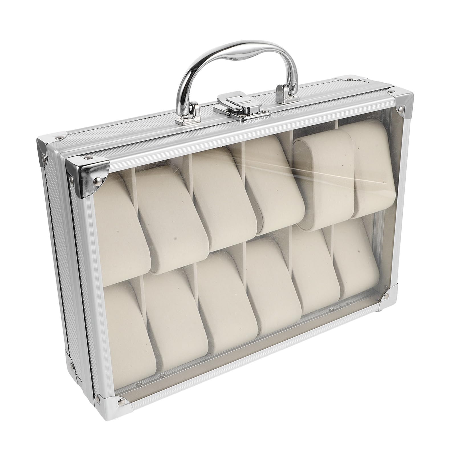 Aluminiumlegierung Uhrenbox mit Klarsichtdeckel, 12 Fächer, Silber | Samt Innenfutter, Robuste Ausführung, Reise und Zuhause, für Damen und Herren, Praktische Aufbewahrung
