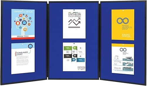 Miniatura 2 de Quartet Tablón de anuncios, tela, pantalla de 3 paneles, 6 x 3 pies, doble cara, superficie azul/gris, marco negro, exposición, espectáculo!