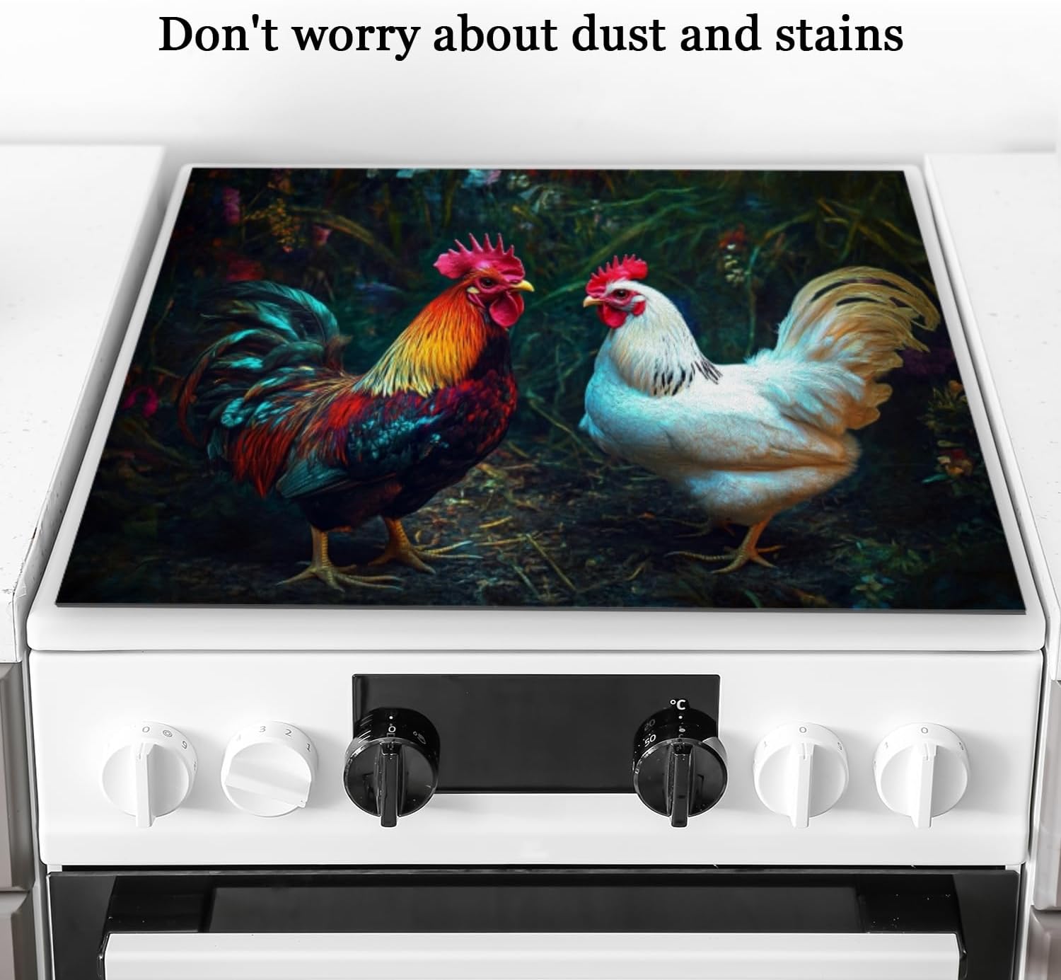Stove Top Covers For Electric Stove,Rooster And White Hen In The Farmyard Stove Mat For Glass Cooktop Protector,Extra Large Oven Range Top Cover 28X20In