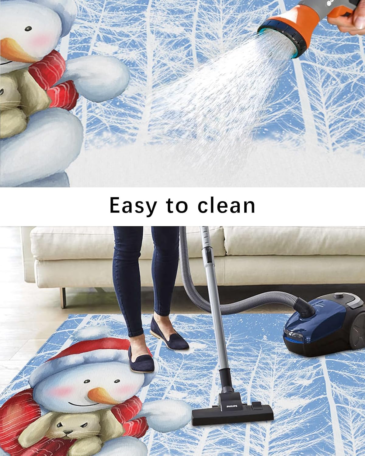 Outdoor Rug, Christmas Snowman Snowflake Scarf Tree Hat Winter Blue White Absorbant Non-Slip Area Rugs Mat Carpet for Patio Balcony Porch Backyard Deck Rv Camping 6x9 ft