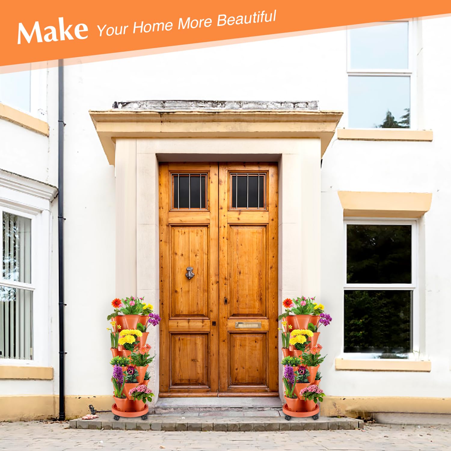 WADEO Macetas de Fresas Ultra Resistentes, Maceta Tridimensional 32x12x 32 cm por Maceta, Maceta Apilable Multicapa, Maceta de Plástico Fresa para Balcón, Jardín, Interior y Exterior (Naranja)