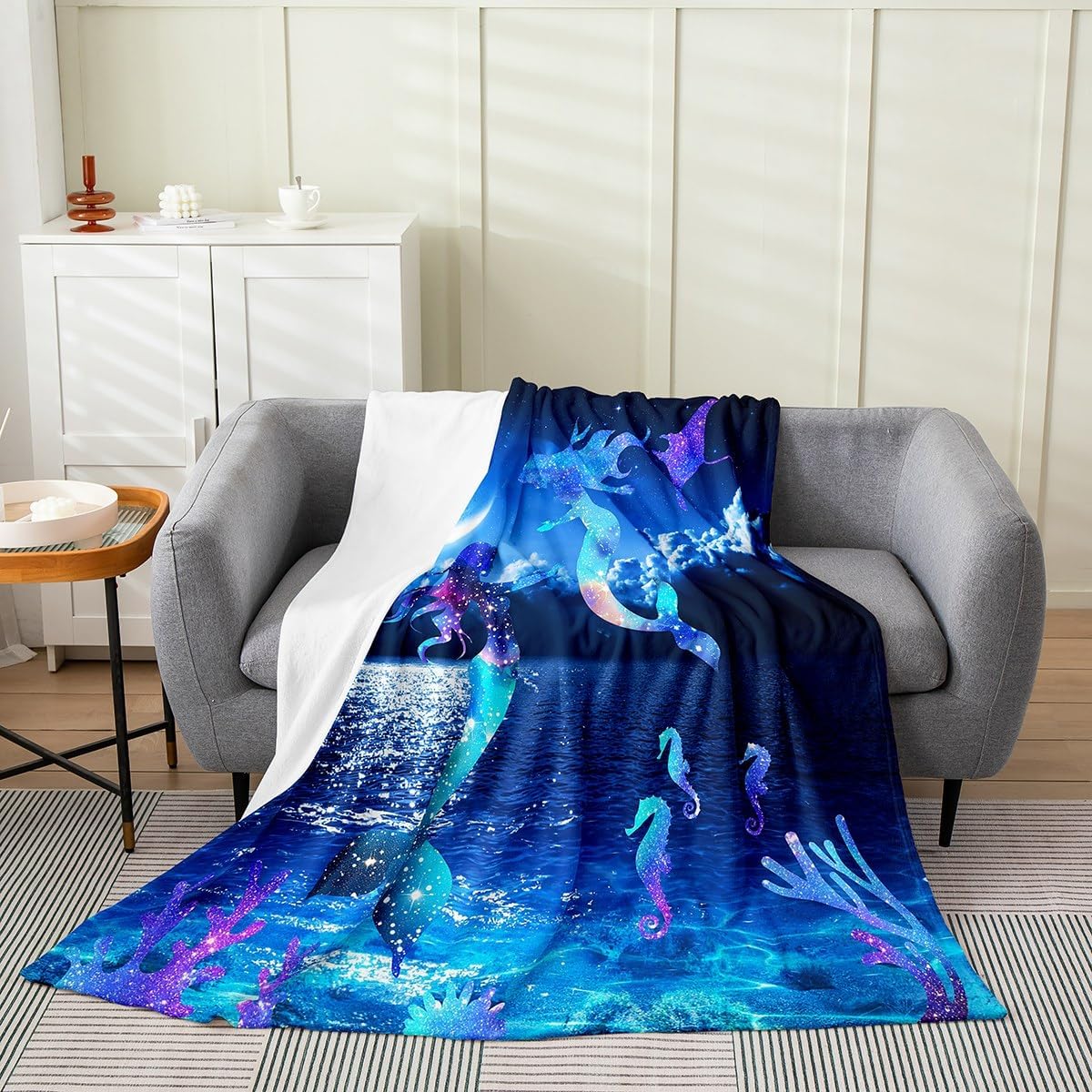 Gradient Mermaid Fleece Throw Blanket Super Soft Cozy Sea Moonlight Flannel Blanket for Kids Women Adults Seahorse Coral Plush Blanket Fairy Tale Fuzzy Blanket for Sofa Bed Couch(60x80 Inches)
