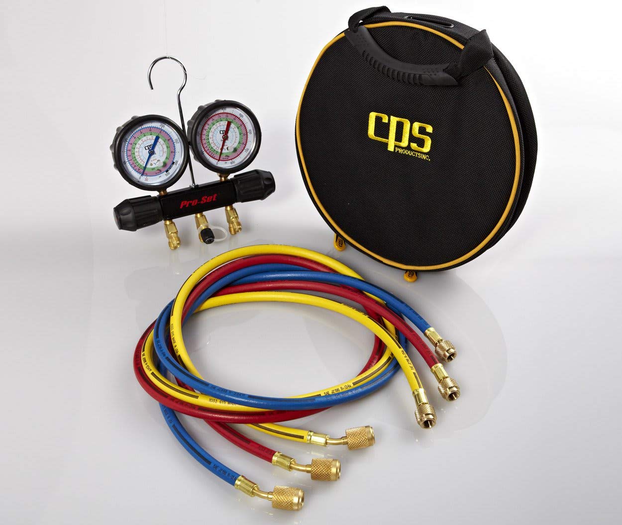 CPS MT2H7P5A Manifold and Gauge Set - 2-Valve Anodized Aluminum Body with R-134a, R-22, R-404A, R-410A Gauges, 3-1/8" Class 1.0 Accuracy and Triple Seal™ Valves