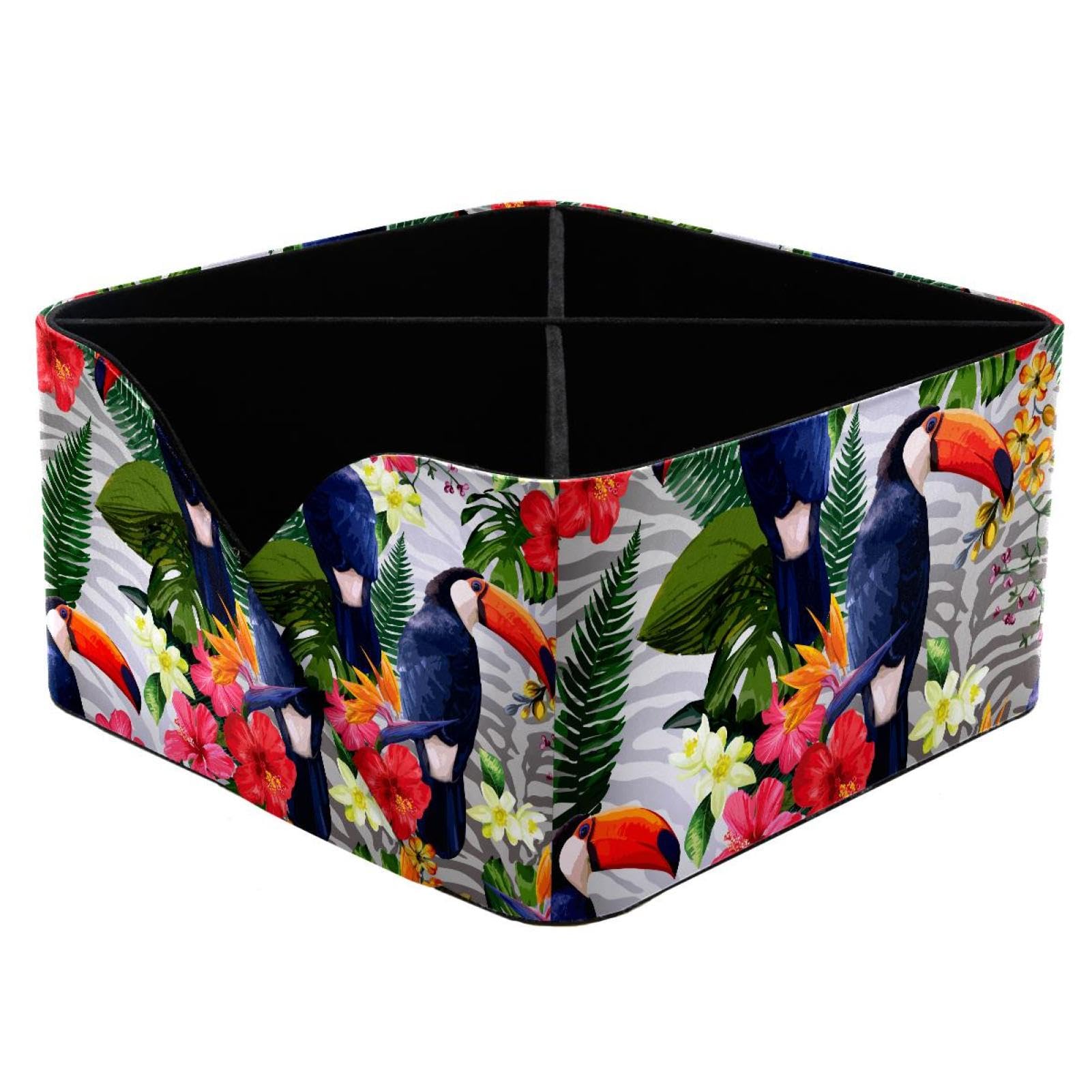 KengjuTesu Floral Tropical Flowers and Toucan Pattern Desktop Organizer Pen Holder, Rectangular Pencil Cup for Office, Study and Makeup Stations