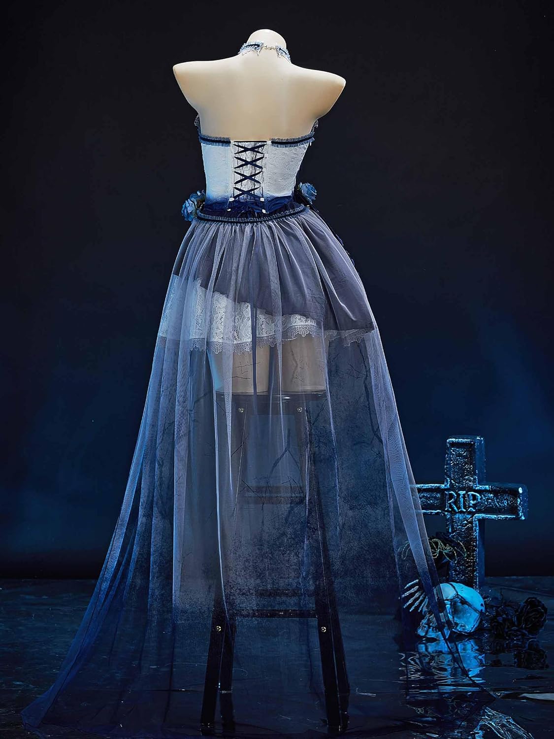 MEOWCOS Womens Gothic Dress Halloween Punk Dress Bride Dress Irregular Tube Dress with Tail Skirt and Veil