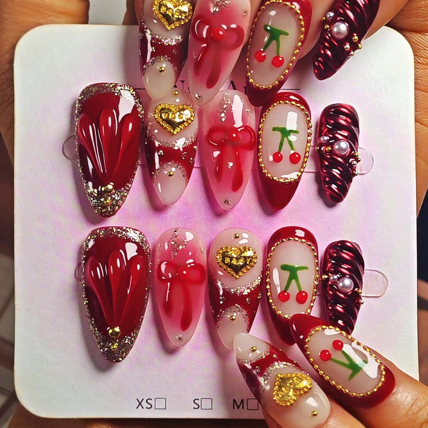 Handmade Acrylic Press On Nails Almond, 3D Press On Nails Medium, Flower 3D Pink Nails French Tip Bubble Preal For Women Gift, Reusable Stick On Fake Nails Kit With Nail Glue (Floral Dreamscape-S)