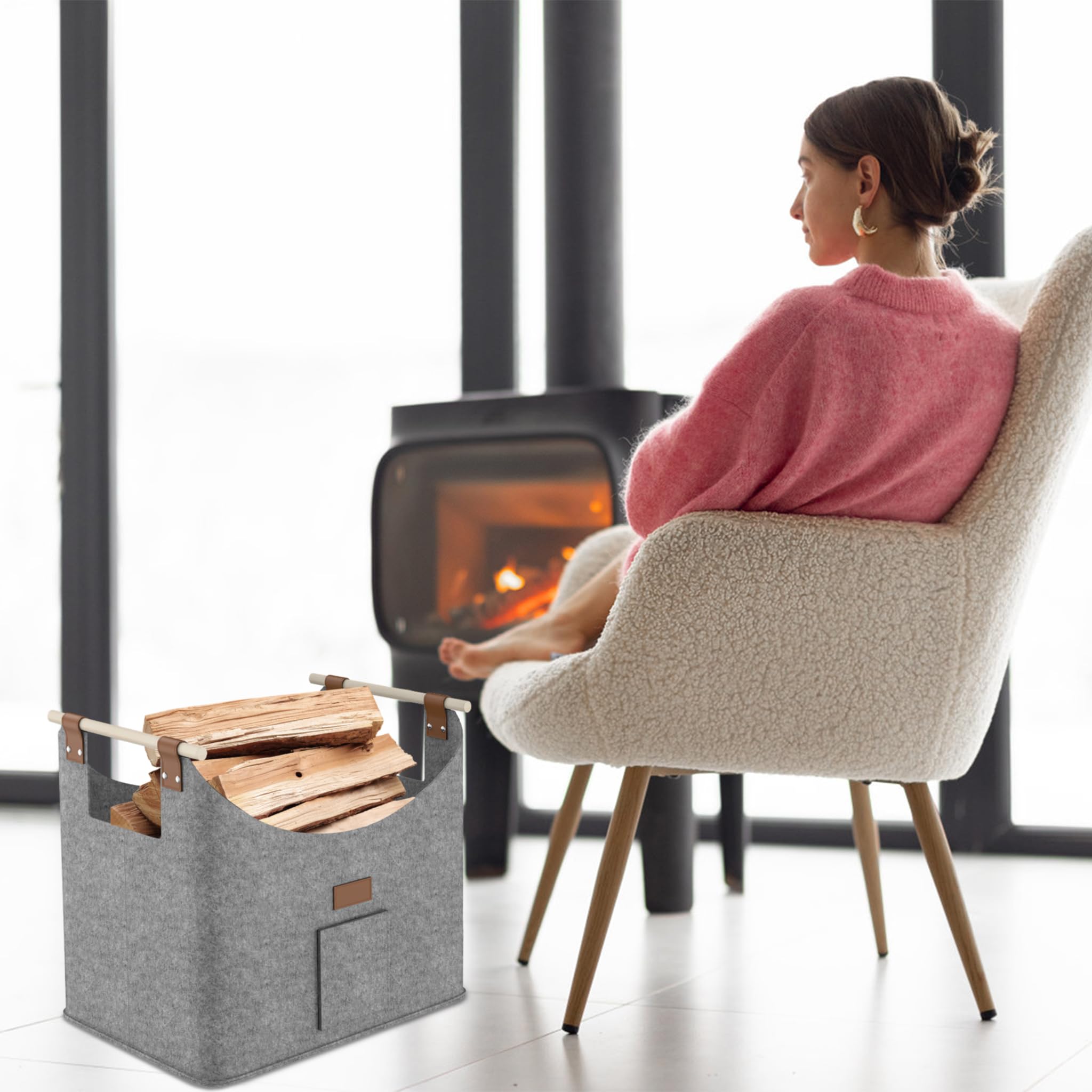 HENGMEI Brennholzkorb Filzkorb 4 Stück Holzkorb Kaminholz Filztaschen Extradickem Kaminholzkorb mit Griff Feuerholzkorb für Feuer Brennholz(50x32x40cm, Grau)