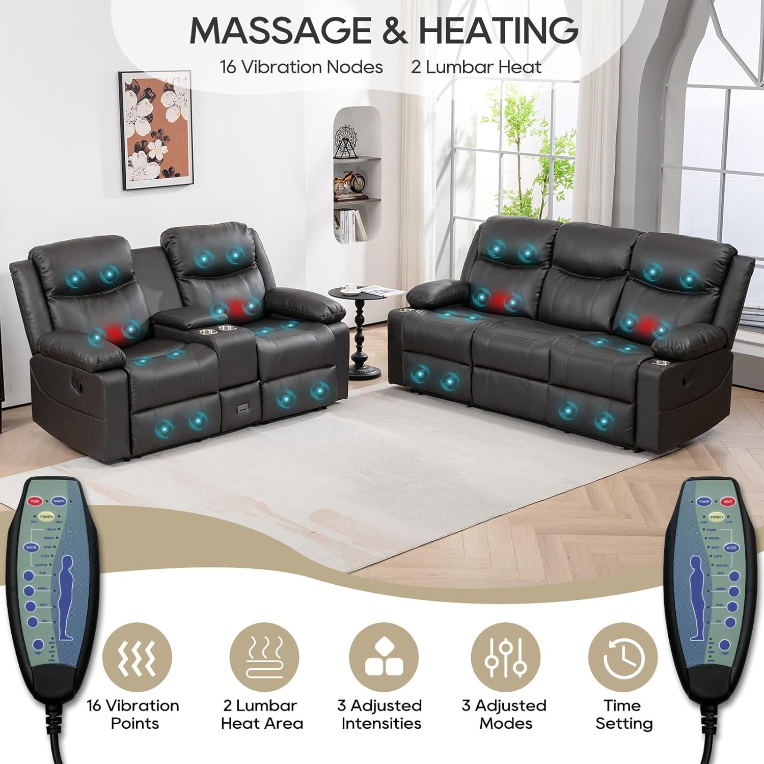 Recliner Sofa Set - Reclining Sofa Couch Set, 2 Pieces Recliner Furniture Sofa Set, 3-Seater Reclining Sofa & 2-Seater Reclining Loveseat with Massage & Heat for Living Room (Grey)