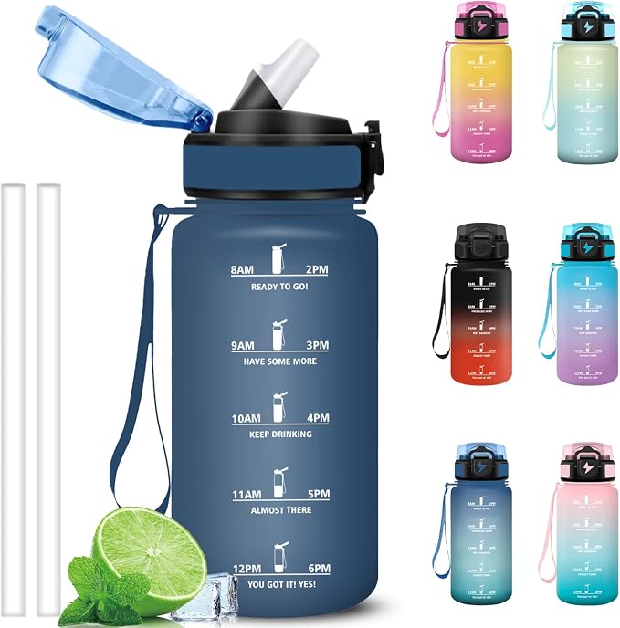 Grsta Botella Agua Niños, Botella Agua 500ml, Diseño de Cerradura, A Prueba de Fugas Cantimplora con Pajita, Portátil Cantimplora con Marcador de Tiempo para Preescolar, Oficina, Hogar