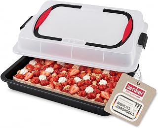 Zenker Blechkuchen-Container to go, Backblech mit Transport-Abdeckung für unterwegs, Backform antihaft mit Deckel und Softgriffen (Kuchenform: ca.425x295x75 mm), Menge: 1 Stück