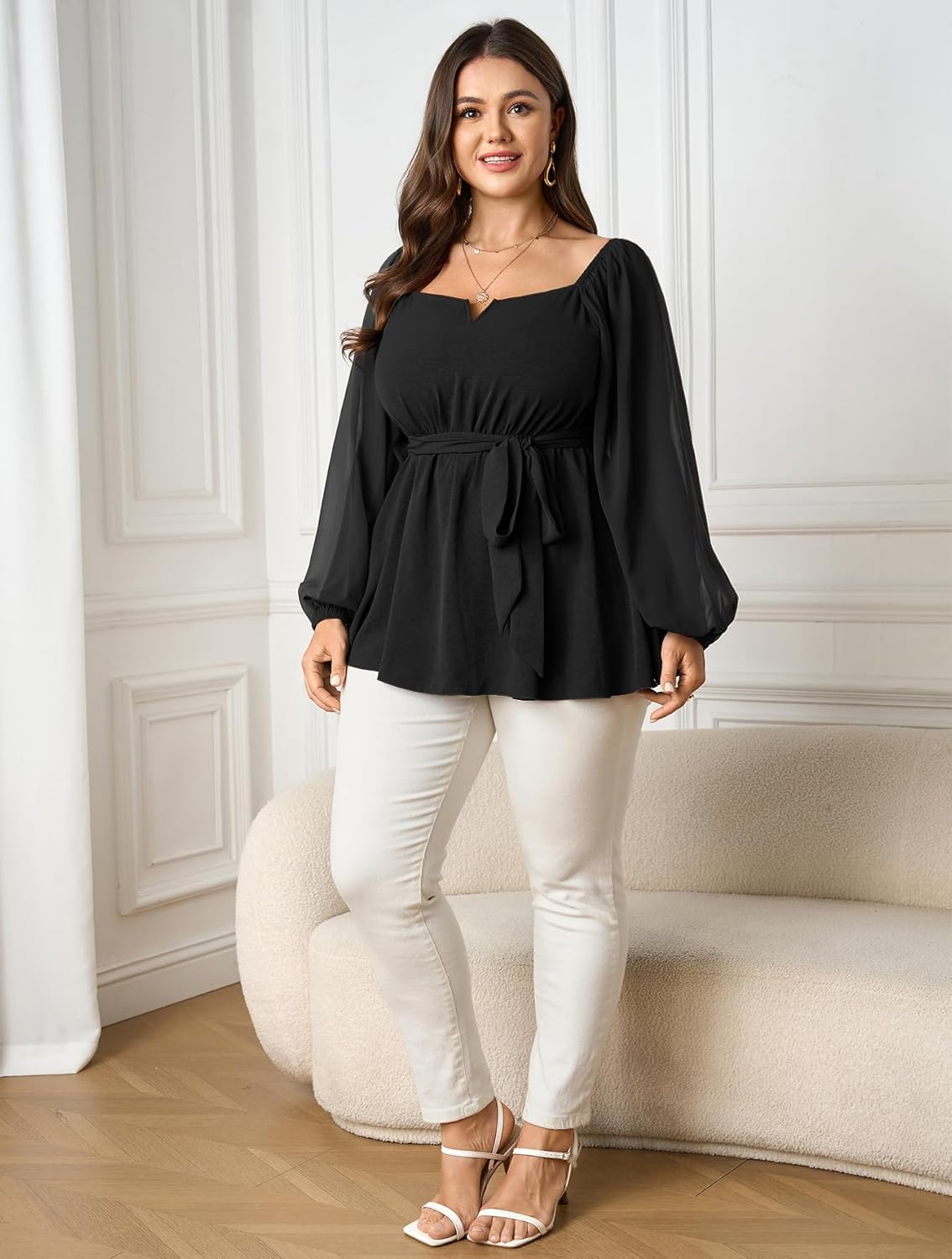 SCOMCHIC Womens Plus Size Peplum Tops Long Sleeve Square Neck Blouse Ruffle Hem Tie Waist Babydoll Top - Image 5