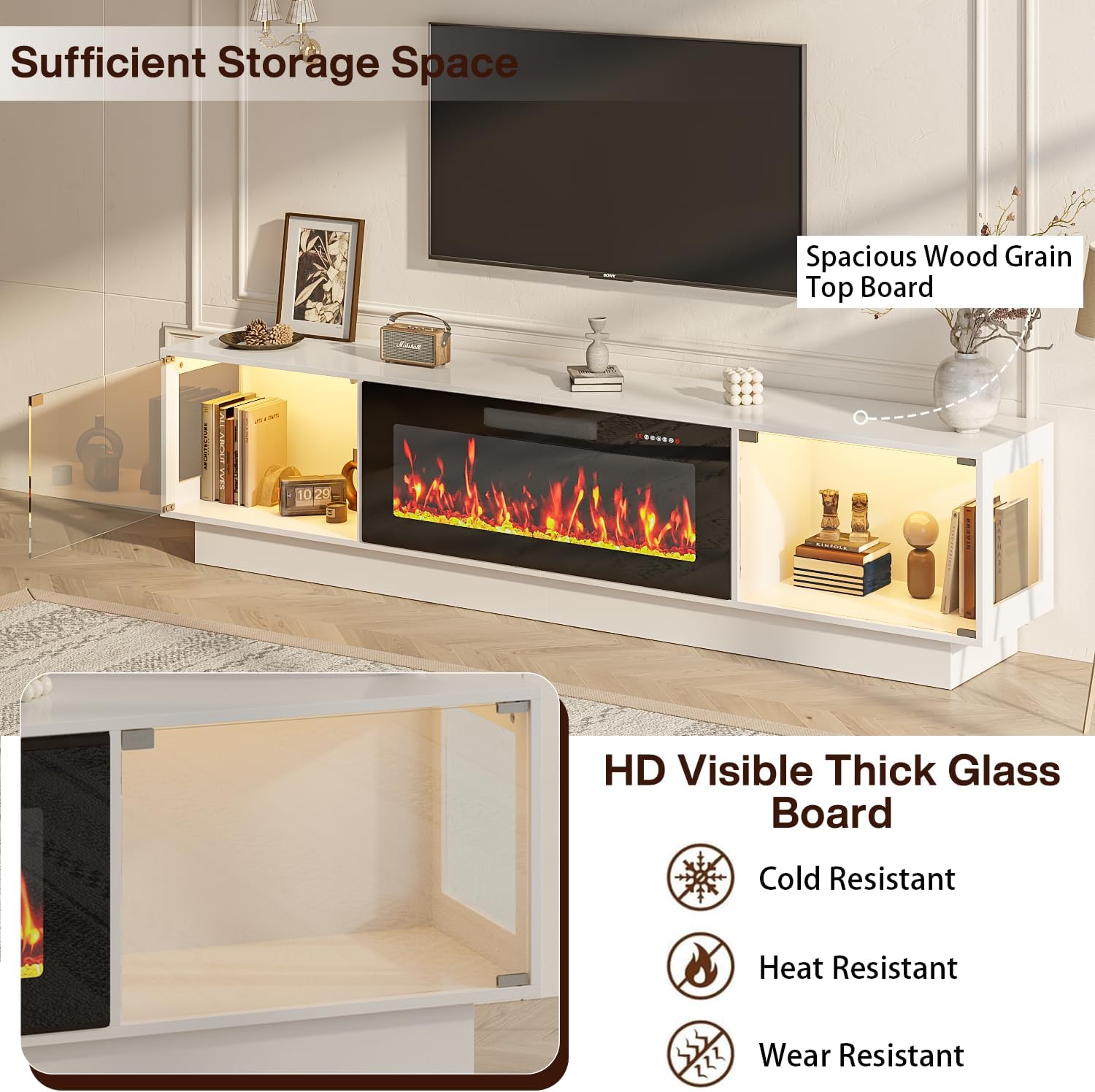 PRETZI 80 Inch Modern Fireplace TV Stand, Luxury TV Stand with 36" Fireplace for TVs Up to 90", Glossy Glass Doors Entertainment Center with Adjustable RGB LED Light for Living Room, White