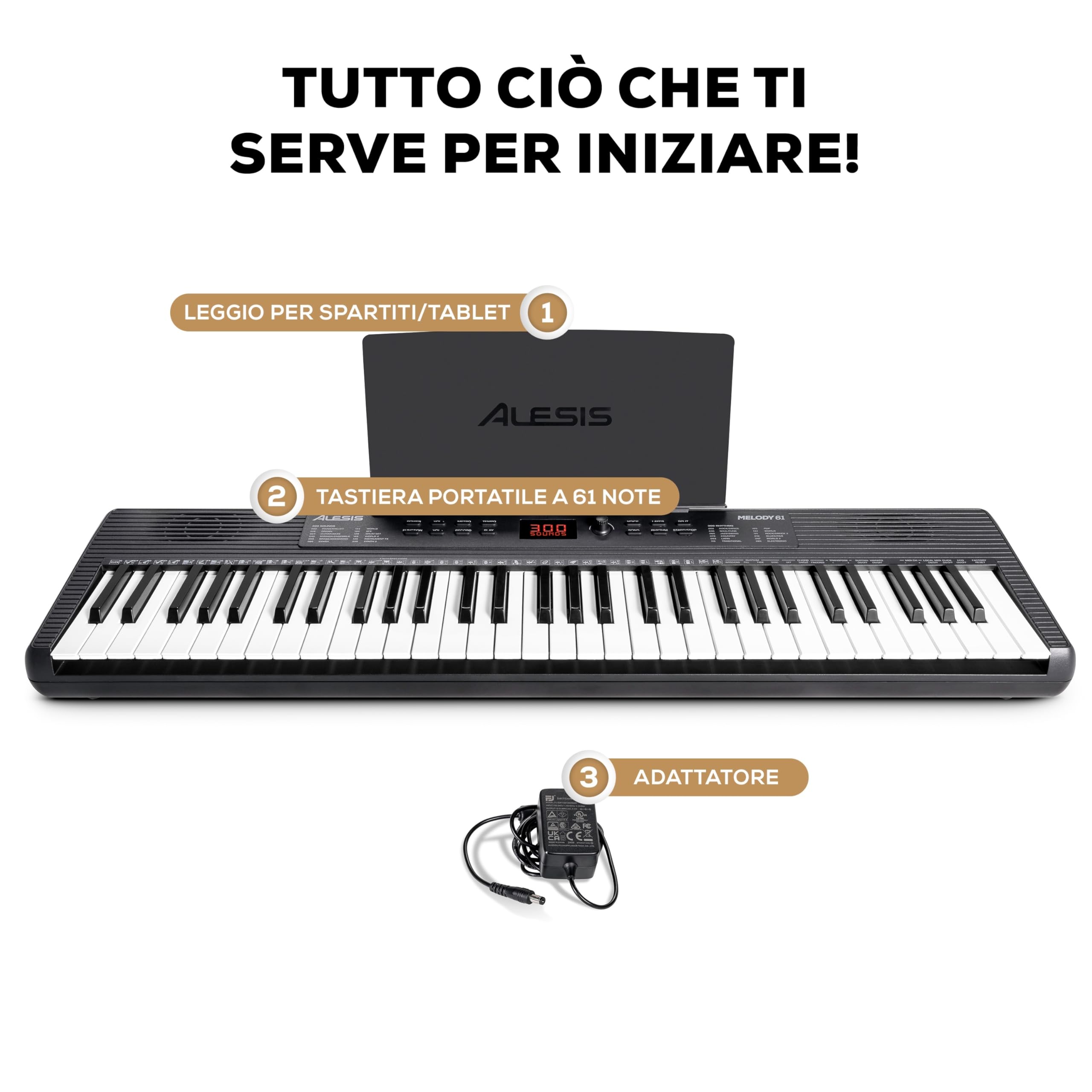 Alesis Melody 61 Pianola Tastiera 61 Tasti per Principianti con Altoparlanti Leggio 300 Suoni Lezioni Musicali