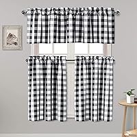 Hiasan Buffalo Plaid 3-Piece Kitchen Curtains Set - Black White Semi-Sheer Tier & Valance, Light Filtering, 52x18 Valance + 2x26x36 Tiers