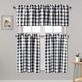 Hiasan Buffalo Plaid 3-Piece Kitchen Curtains Set - Black White Semi-Sheer Tier & Valance, Light Filtering, 52x18 Valance + 2x26x36 Tiers