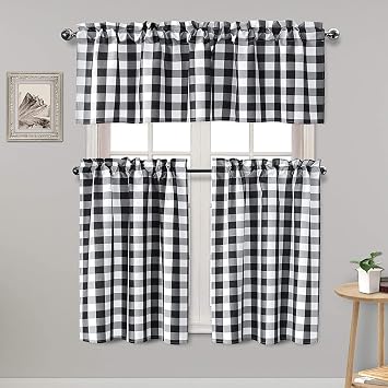 3 Piece Semi Sheer Curtains, Black and White | Light Filtering Buffalo Plaid Tier and Valance Window Drapes Set, 52 W x 18 L 1 Panel + 26 W x 24 L 2 Panels