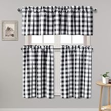 Hiasan 3 Piece Semi Sheer Kitchen Curtains - Light Filtering Buffalo Plaid Tier and Valance Window Curtains Set, Black and White, 52 W x 18 L 1 Panel + 26 W x 24 L 2 Panels