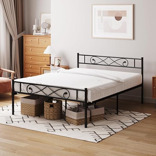 Miniatura 10 de PROXRACER Base de cama de plataforma metálica King con cabecero, soporte de listones de acero resistente, base de colchón, almacenamiento debajo de