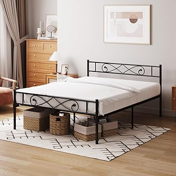 PROXRACER Queen Metal Platform Bed Frame with Headboard,Heavy Duty Steel Slat Support,Mattress Foundation,Under Bed Storage,No Box Spring Needed,Queen Size Bed Frame, Black