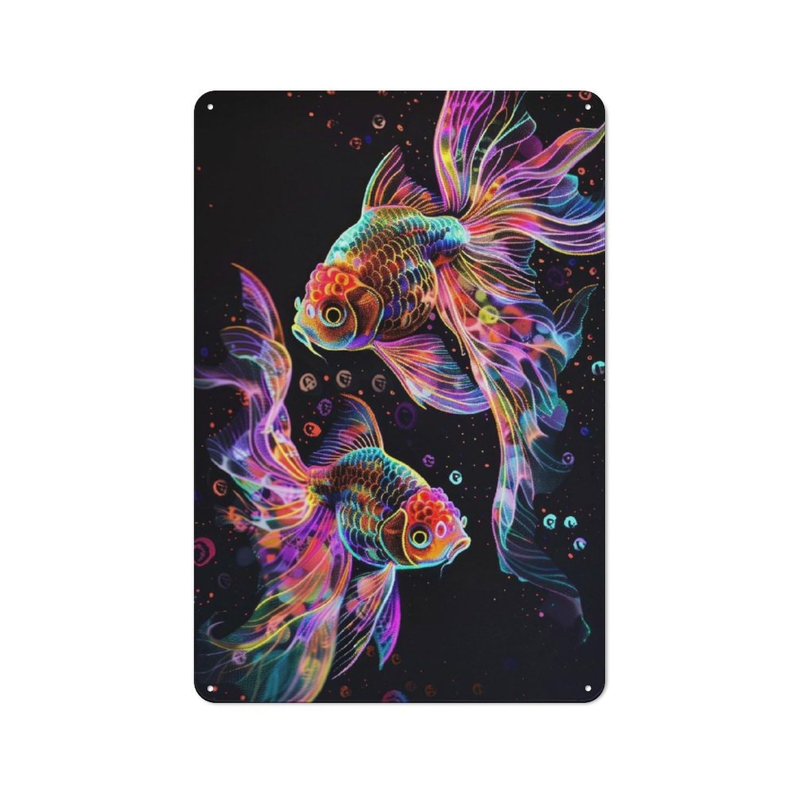 Junmoney Style-10 Tin Wall Plaque 30X20cm With Neon Goldfish Pair On Black For Guest Room Or Hallway, For Garage, Workshop And Man Cave Decoration