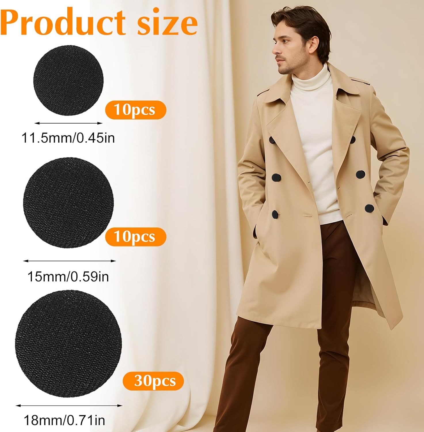 50pcs Upholstery Buttons for Tufting,Vintage Black Upholstery Buttons,Fabric Tuxedo Shirt Studs with Metal Shank,Versatile Black Button for Suits,Gowns,and Mores(18mm/15mm/11.5mm) - Image 2