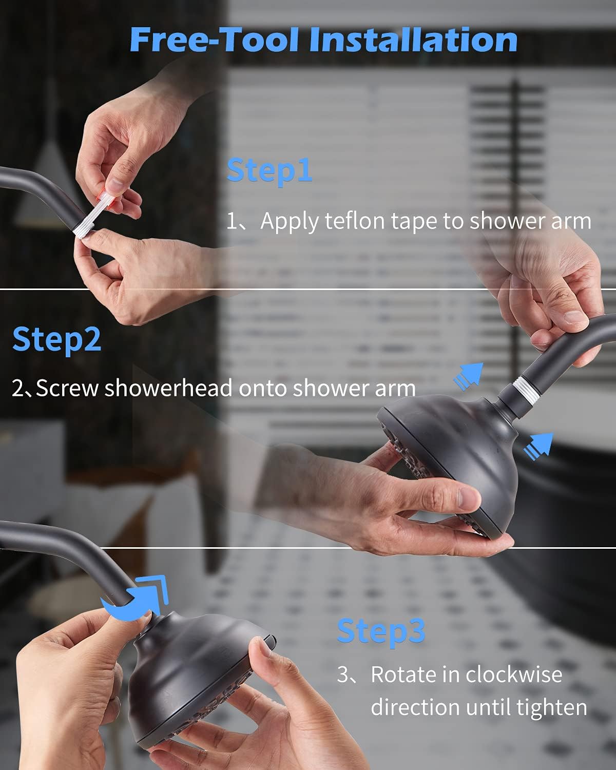 High Pressure Shower Head VMASSTONE 4.7" Rain Fixed Showerhead 7-Spray Setting with Adjustable Brass Swivel Ball Joint - Excellent Replacement for Your Bath Shower Head (FM-001 Matte Black) - - 