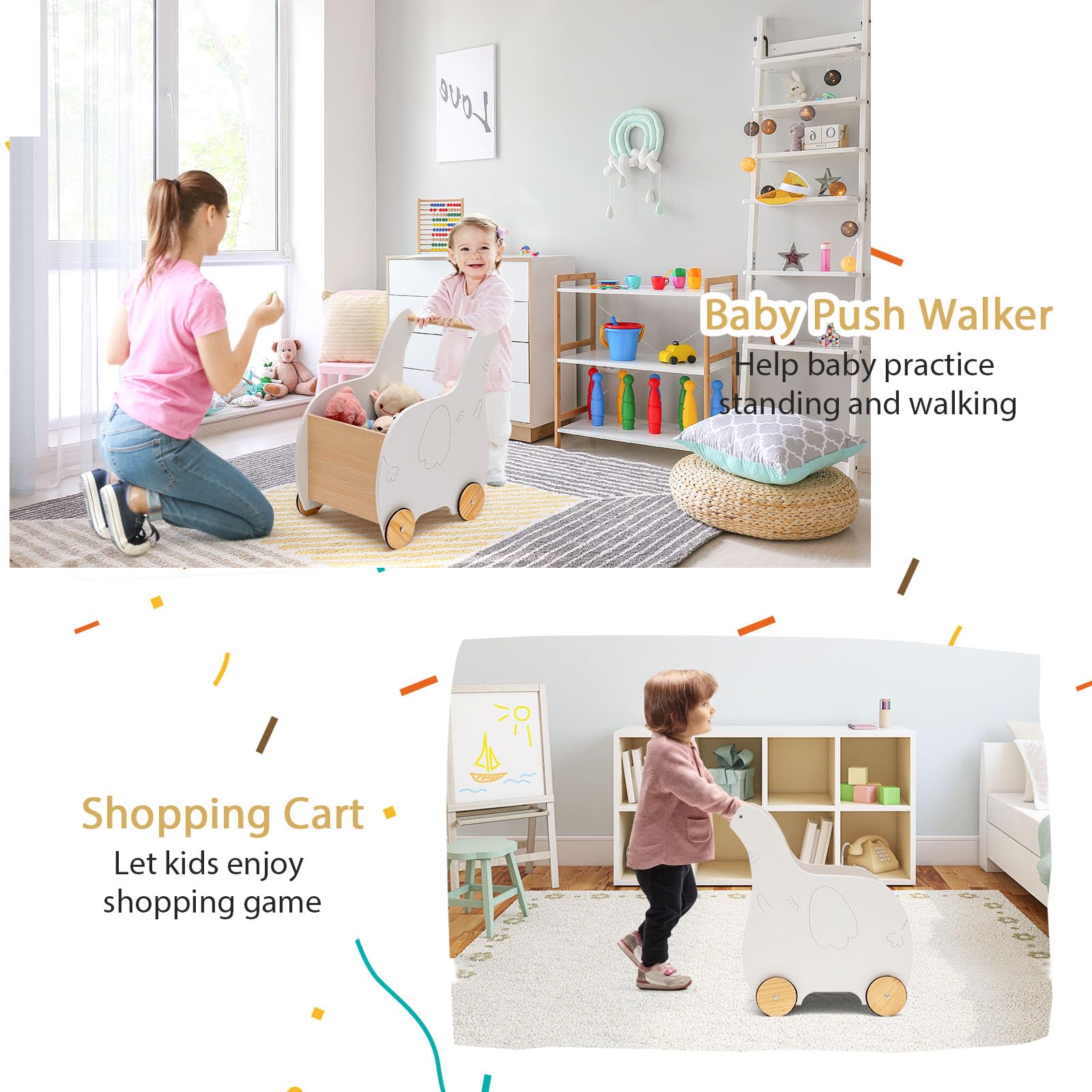 LIFEZEAL Girello per Bambini, Girello Neonato, Baby Walker, in Legno, Primi Passi per Bambini, con Spazio di Archiviazione, Girello Bimba per 12-36 Mesi, Carrello Primi Passi con Ruote, Bianco