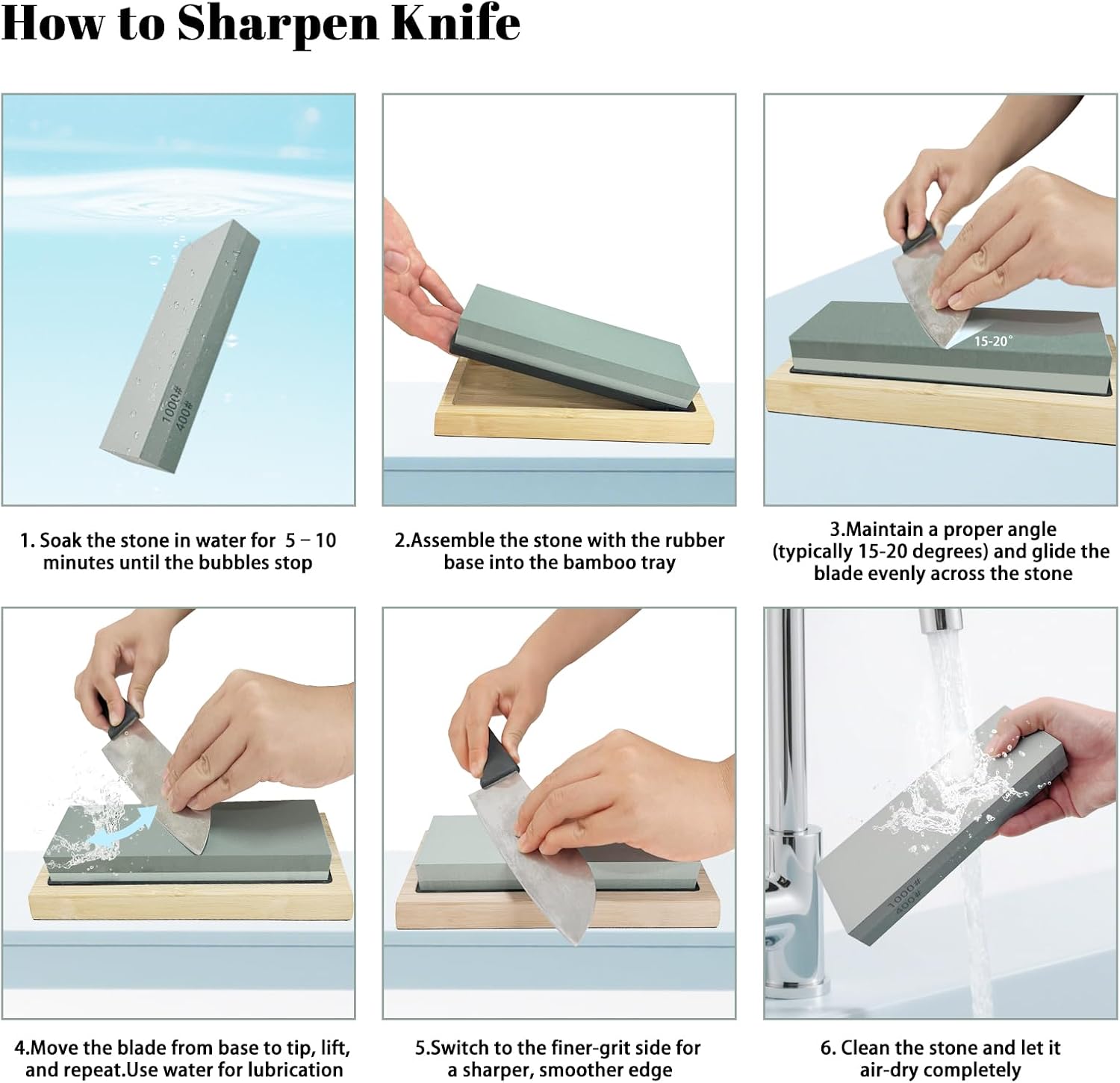 SNAIL GARDEN 10PCS Knife Sharpening Stone Set, 2PCS Dual-Sided Whetstones with Red Sharpener, Metal File, Flattening Stone, Bamboo Base, Angle Guide, Honing Guide, Silicone Base, Leather Strop