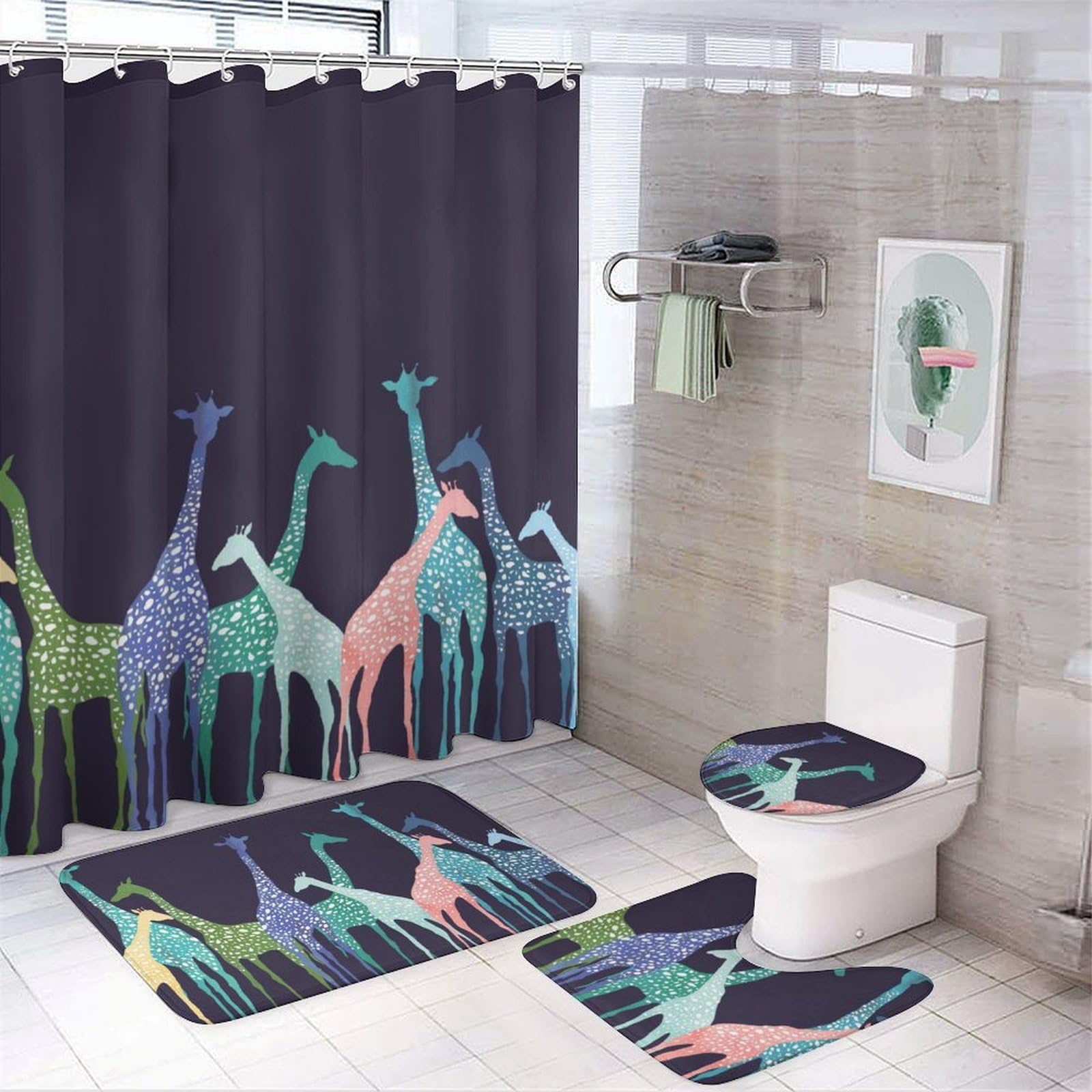 JZemdybill Bathroom Mat Set 4 Piece, Colorful Giraffe Fans Lovers Shower Curtain with Non-Slip Bath Mats for Bathroom