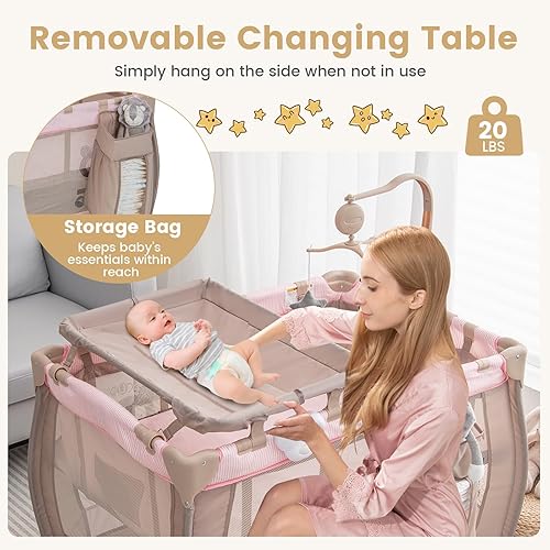 Miniatura 4 de Costzon 3 en 1 Rosa Pack and Play con Moisés, Corralito Portátil para Bebé con Mesa Cambiadora, Caja de Música, Juguetes Giratorios, Ruedas/Freno,